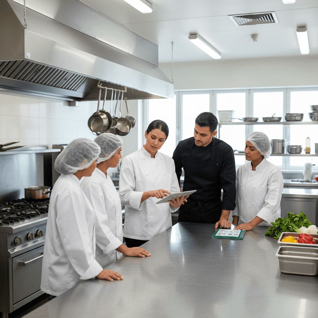 Kitchen staff and chef reviewing food safety checklist on tablet