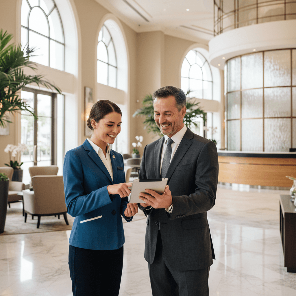Hotel staff collaborating with tablet in luxury hotel lobby