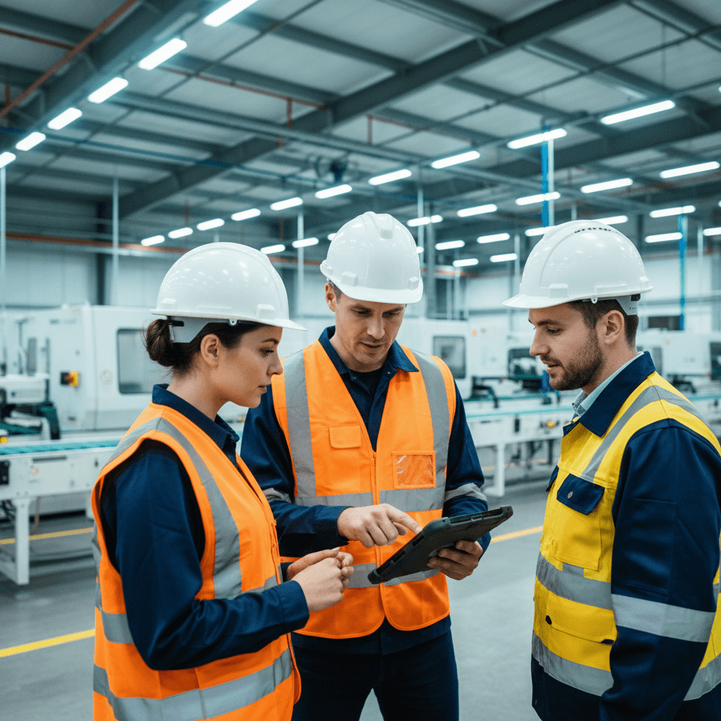 Industrial safety inspectors reviewing checklist on tablet in factory
